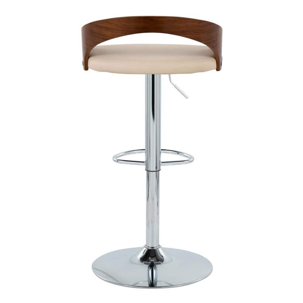 Grotto Mid-Century Modern Adjustable Height Barstool with Swivel in Chrome Metal, Walnut Wood and Cream Faux Leather with Oval Footrest by LumiSource - Set of 2