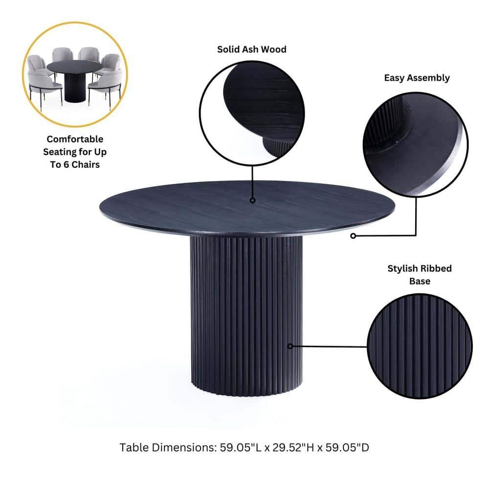 Manhattan Comfort 7pc 59.05" Hathaway and Flor Round Dining Set Black/Gray: Upholstered Chairs, Ash Wood Frame