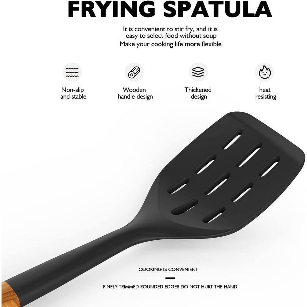 Large Silicone Cooking Utensils - Heat Resistant Kitchen Utensil Set with Wooden Handles, Spatula,Turner, Slotted Spoon, Pasta server, Kitchen Gadgets Tools Sets for Non-Stick Cookware (Black)