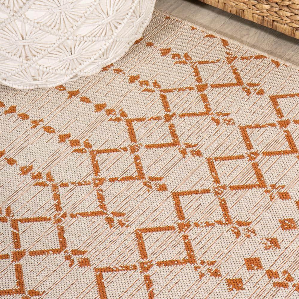 3' x 5' Ourika Moroccan Geometric Textured Weave Indoor/Outdoor Area Rug, Cream/Orange - JONATHAN Y