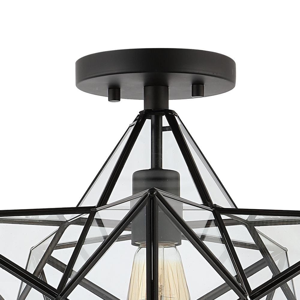 Ava 14.5" 1-Light Farmhouse Bohemian Iron/Glass LED Semi Flush Mount, Black/Clear