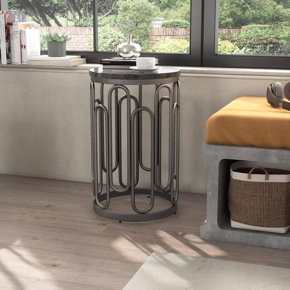 Furniture of America Saz Metal Stone Top Small End Table, Black