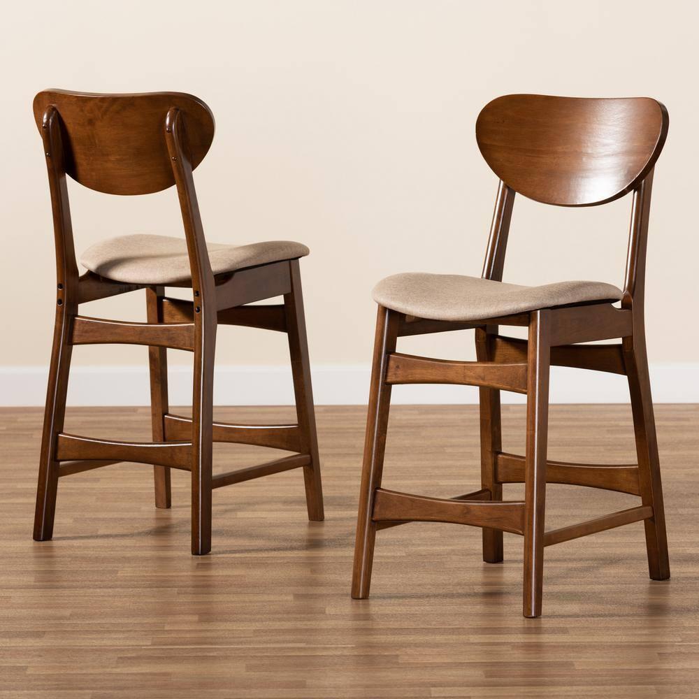 2pc Katya Fabric Upholstered and Wood Counter Height Barstool Set Brown - Baxton Studio: Walnut Finish, Foam Padded