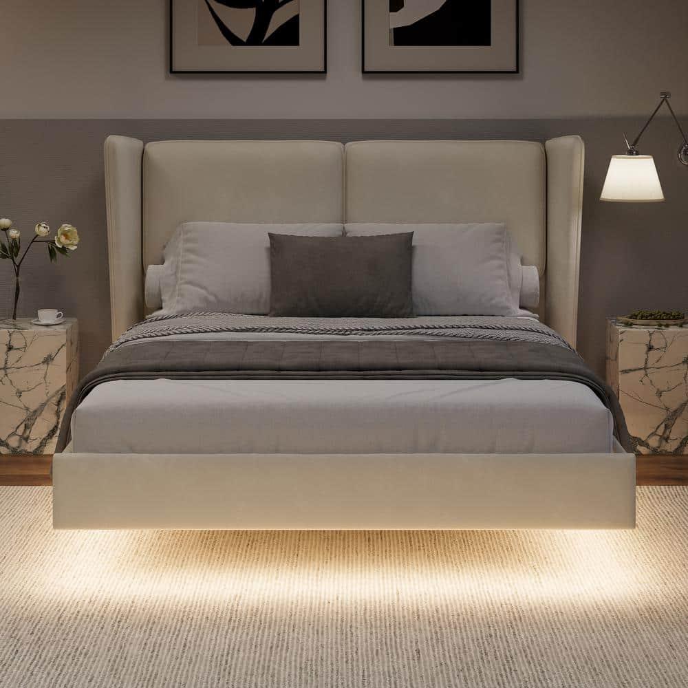 Holaki Full Size Bed Frame,Modern Style Velvet Fabric Floating Bed Frame with LED Lights Wingback Upholstered Bed No Box Springs Needed,Full Size,Beige