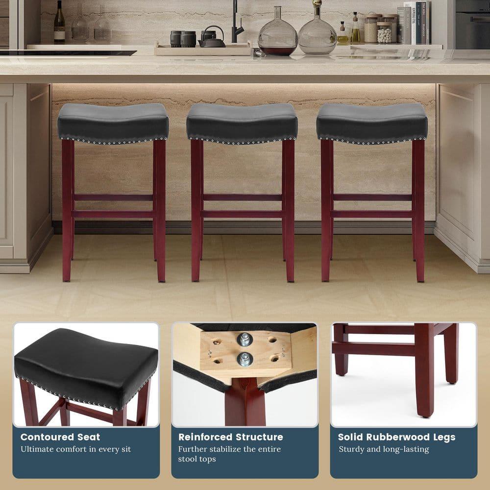 Polytrends Jameson Upholstered Polyester Cherry 24 Inch Counter Stool Cherry/Black Wood Wood Footrest Leather Modern & Contemporary