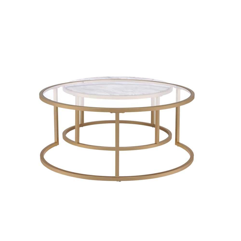 Metal Framed Nesting Coffee Tables with Glass and Marble Tops Set of Two Gold - Saltoro Sherpi