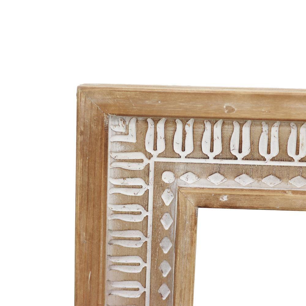Parisloft Rectangular Carved Wood Wall Mirror - 20 x 23.6 Inches, Farmhouse Wood Mirror for Bathroom, Living Room or Bedroom, Rustic Brown and White