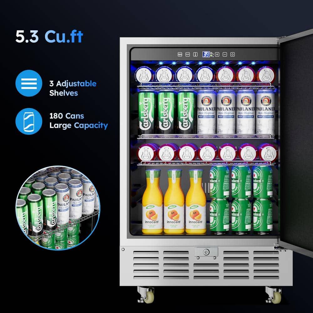 Rocita 24 Inch Outdoor Beverage Refrigerator Built-in and Freestanding Beverage Cooler with Safety Lock/Wheels 180 Cans