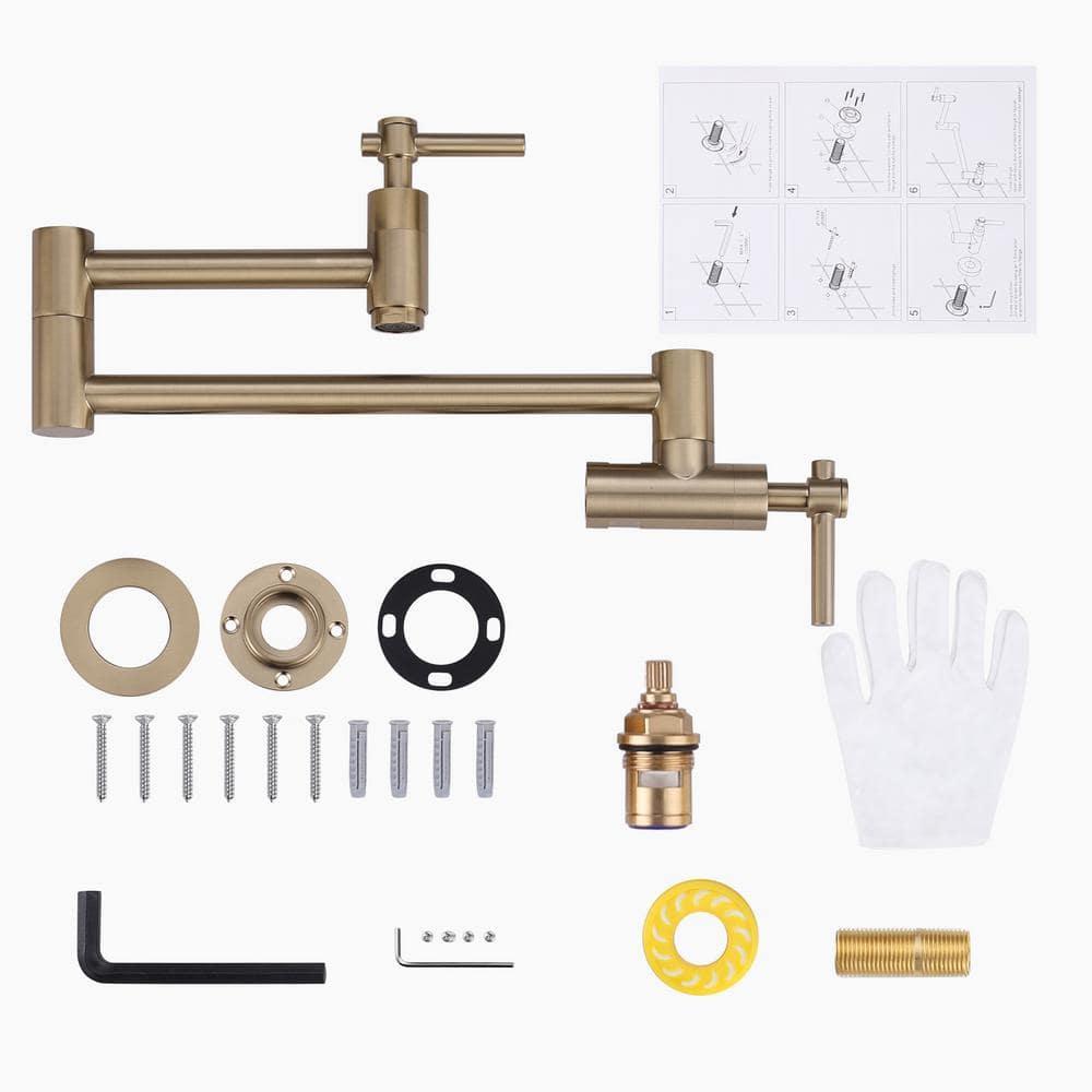 Wall Mount Pot Filler, Gold Brass Pot Filler Faucet with 2 Handles, Single Hole Stretchable Faucet with Double Joint Swing Arm Pot Filler above Stove