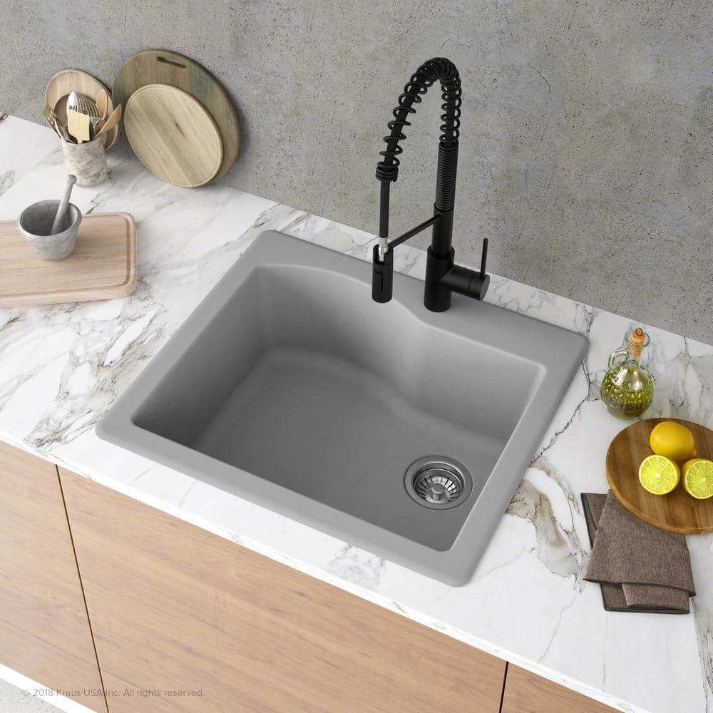 Kraus Quarza 25 Dual Mount Single Bowl Granite Kitchen Sink and Strainer in Grey
