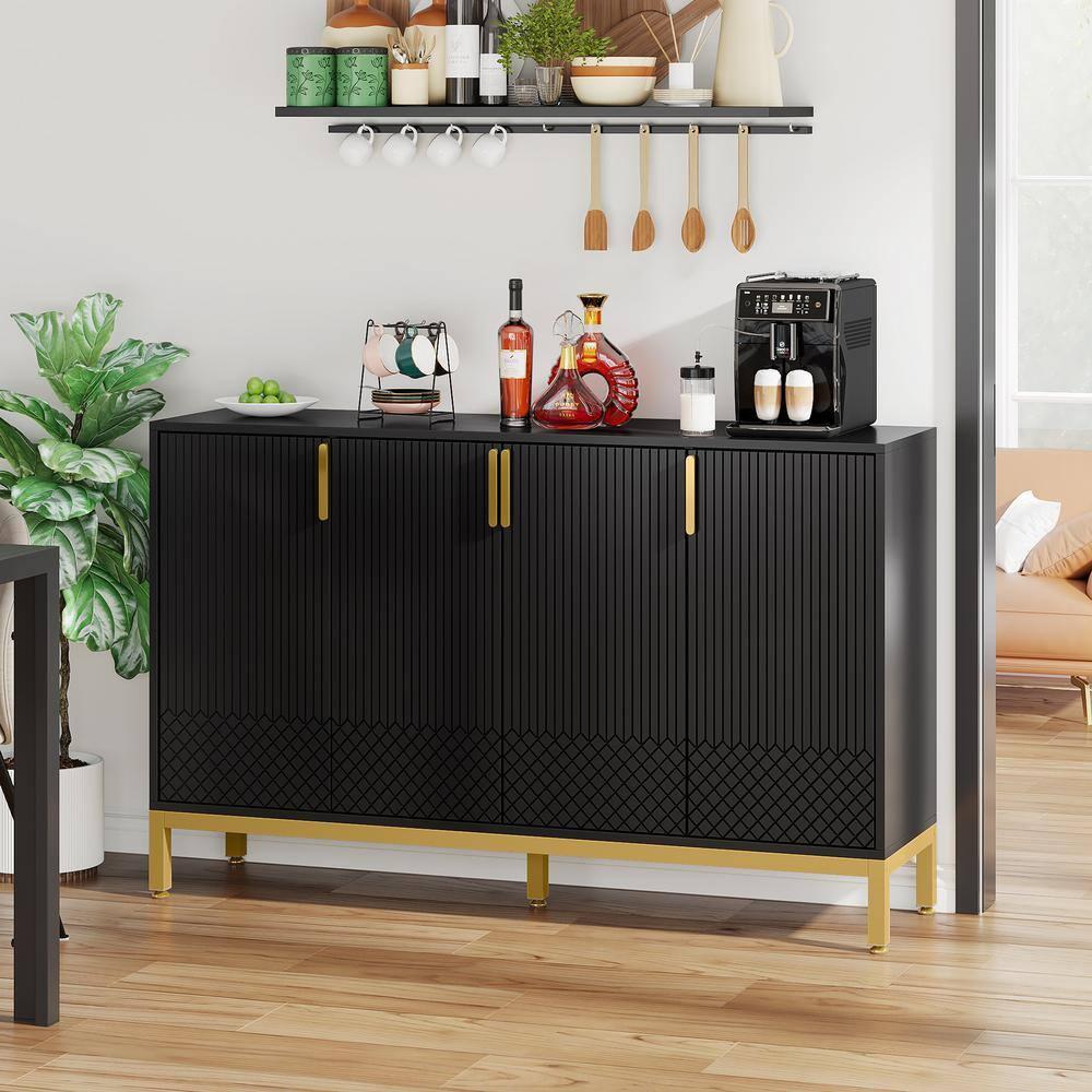 Finmind 59" Buffet Cabinet, 4-Door Storage Sideboard, Black & Gold Coffee Bar Cabinet for Dining Room or Living Room