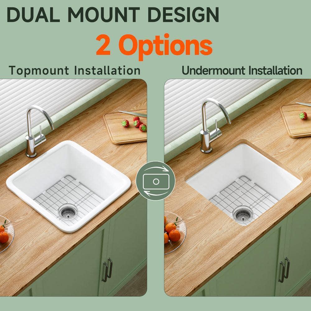 18" L x 18" W Single Bowl Fireclay Kitchen Sinks White with Bottom Grids and Basket Strainer