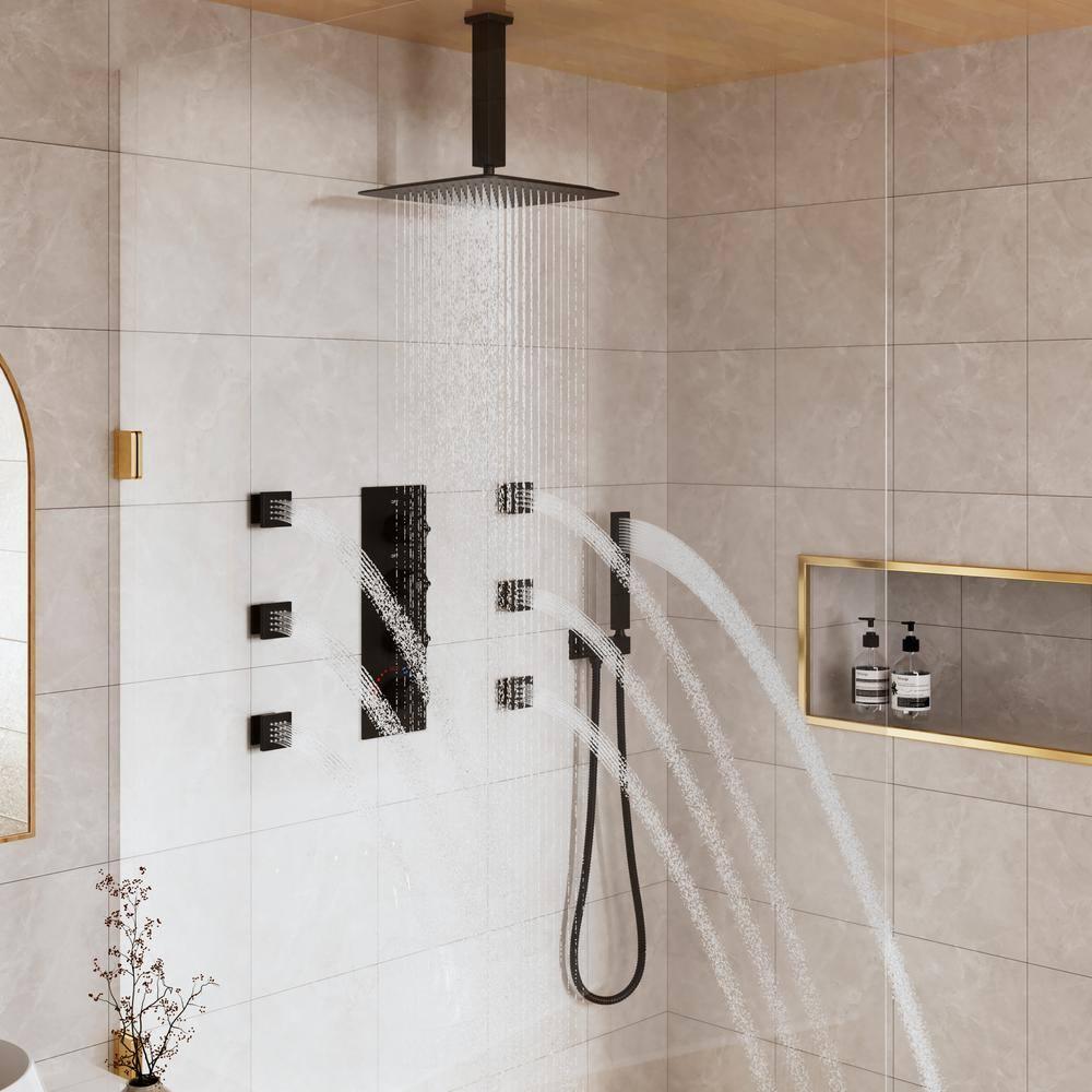 3-Function LED Light Thermostatic Rainfall Shower System with 6 Body Jets and Rough-in Valve