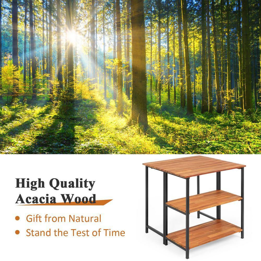 Costway Patio Acacia Wood Folding Dining Table Storage Shelves Garden Deck