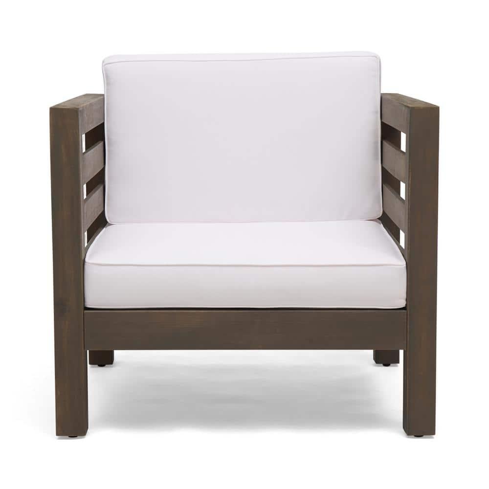 Frankie Outdoor Acacia Wood Club Chair with Cushion, Gray and White