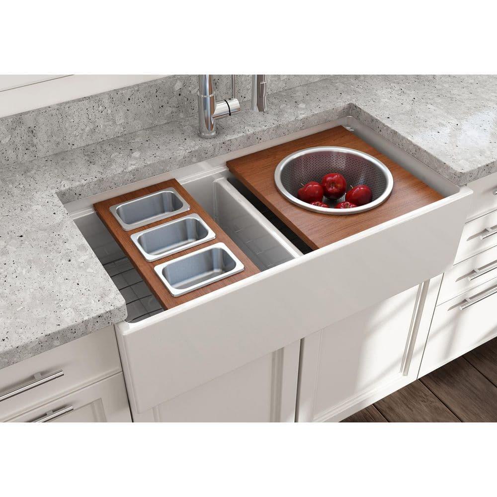 BOCCHI Wood Board With 3 Rectangular Stainless Steel Bowls F/1344, 1348, 1360, 1362, 1504, 1505, 1506 (Short Side Only), 1627, 1628