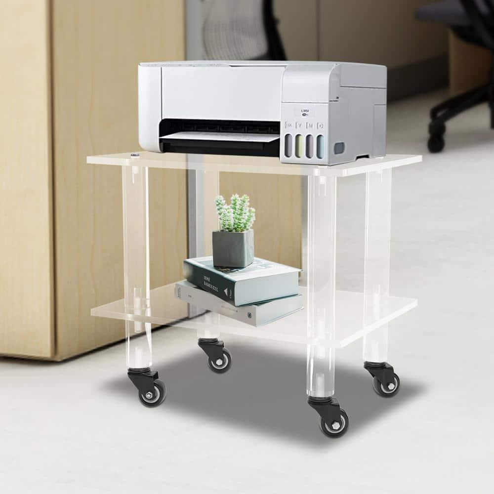 2-Tier Rolling Under Desk Printer Stand Cart with Storage Shelves, Clear Acrylic Printer Rack with Wheels for Home, Office 11.8 Width