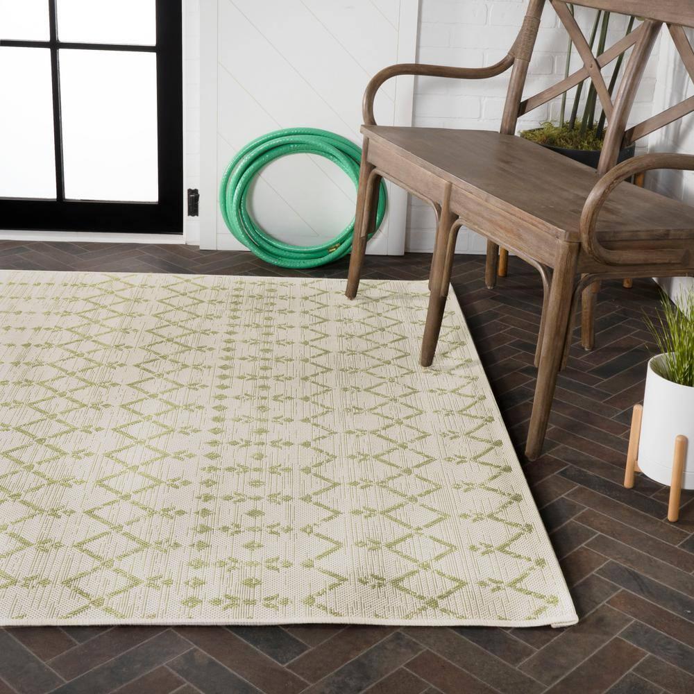 3' x 5' Ourika Moroccan Geometric Textured Weave Indoor/Outdoor Area Rug, Cream/Green - JONATHAN Y