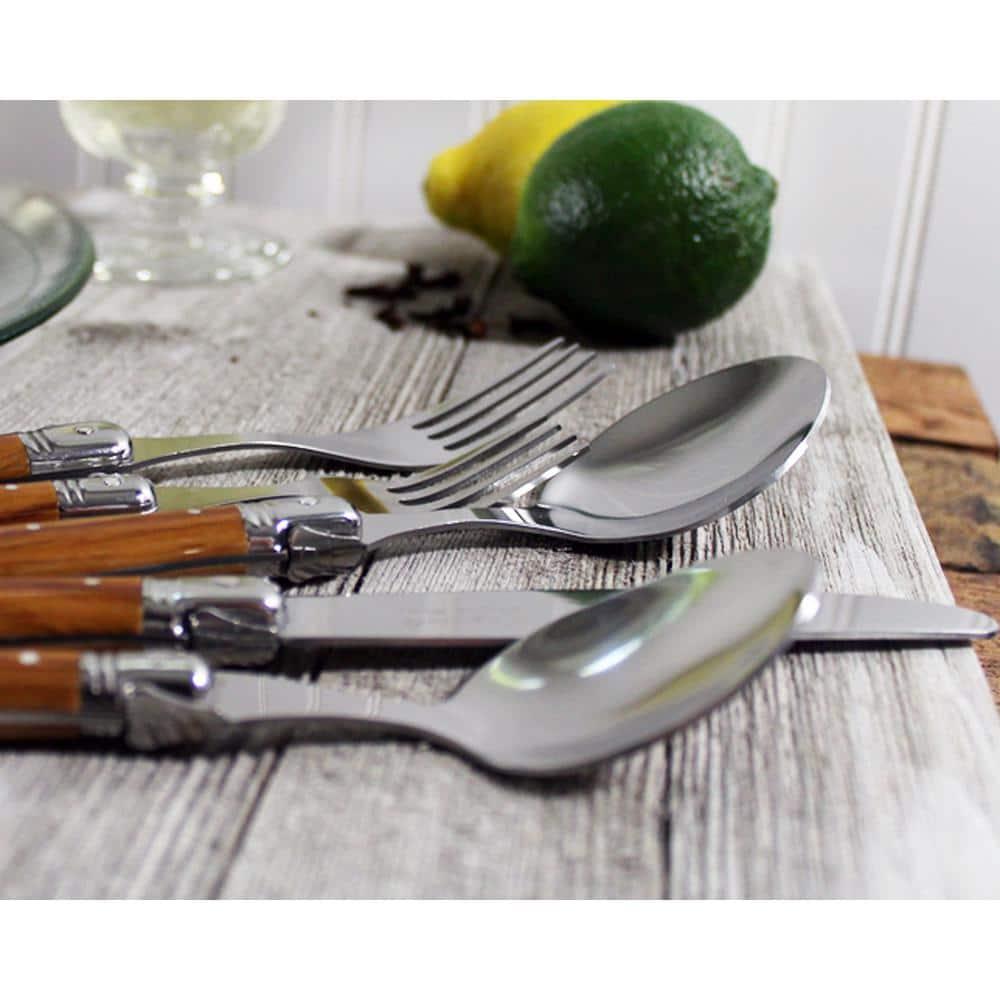 20pc Stainless Steel Laguiole Wood Grain Flatware Set Brown - French Home: Silverware Set, Ergonomic Grip, Service for 4