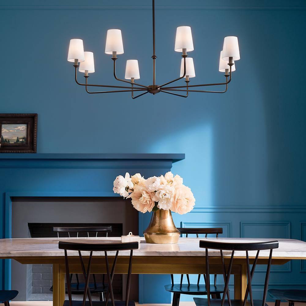 Classic 8 Light Chandelier with White Linen Shades