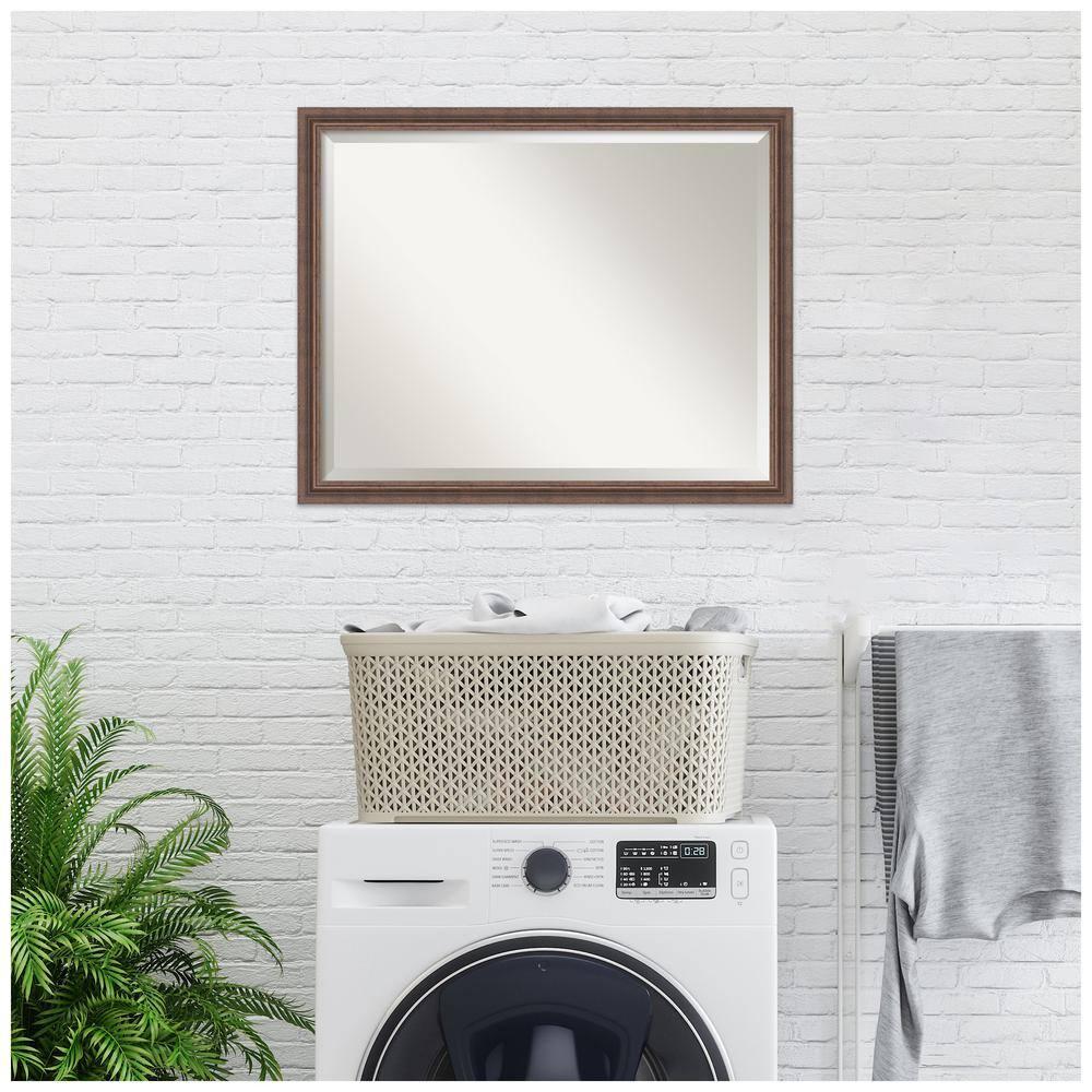 Amanti Art Distressed Rustic Brown Beveled Wood Bathroom Wall Mirror 24.5 x 30.5 in.