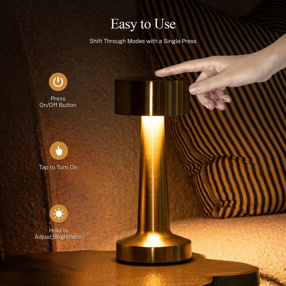Bell and Howell Chelsea Table Lamp Small Cordless Touch LED Rechargeable Lamp Bedside Desk Gold
