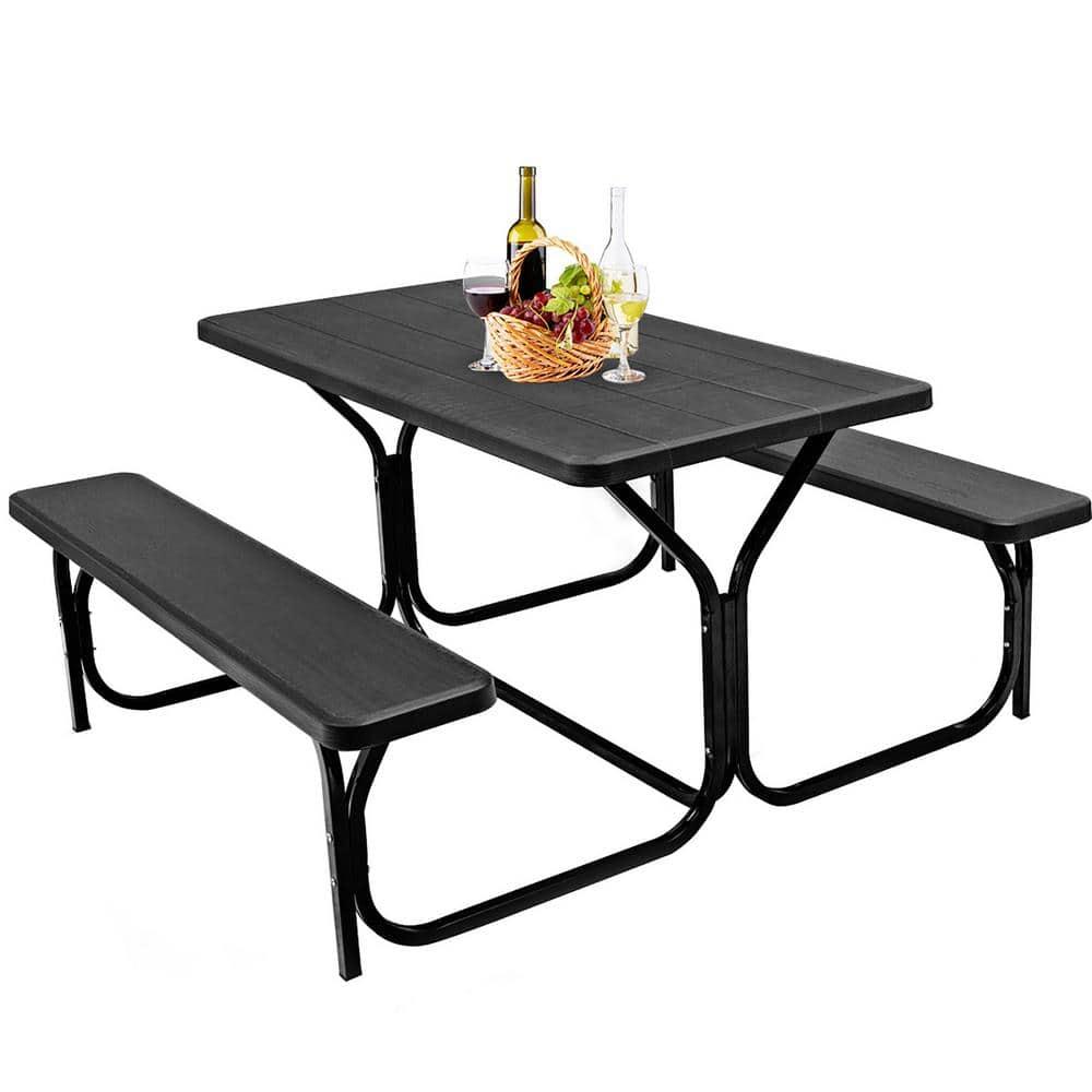 Costway Picnic Table Bench Set Outdoor Backyard Iron Patio Garden Party Dining All Weather Black