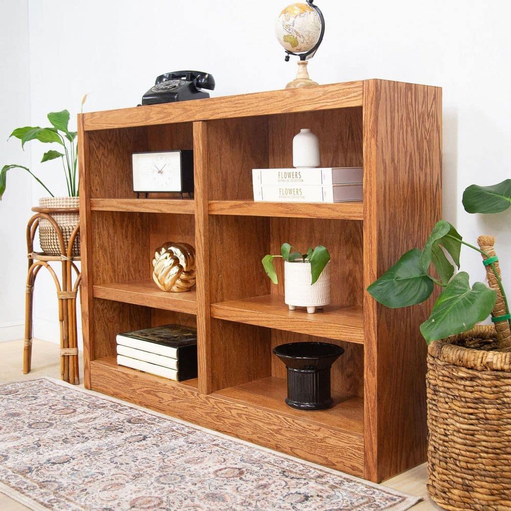 Concepts in Wood 6 Shelf Double Wide Wood Bookcase, 36 inch Tall - Oak Finish