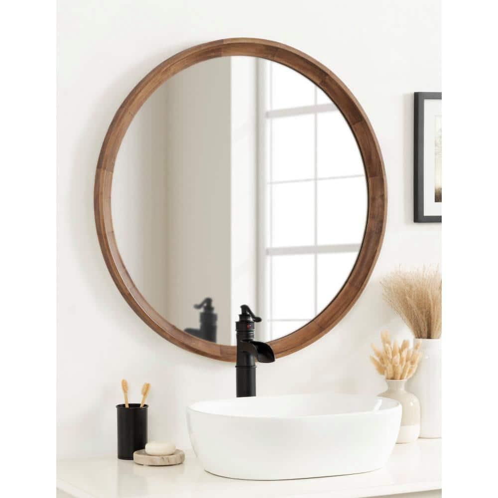 Kate and Laurel Hatherleig Round Wood Round Mirror, 30" Diameter, Rustic Brown