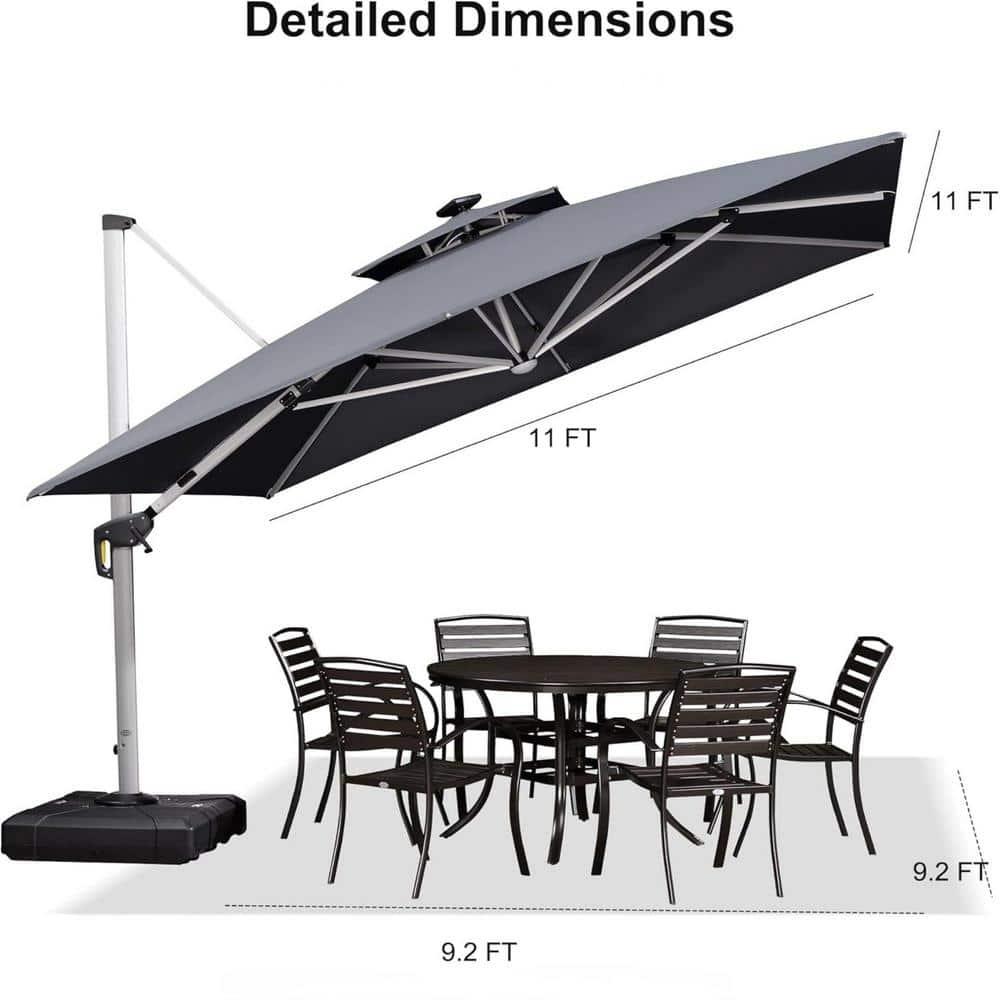 PURPLE LEAF 11FT Square Double Top Deluxe Solar Powered LED Patio Umbrella Outdoor Cantilever Umbrella, Gray
