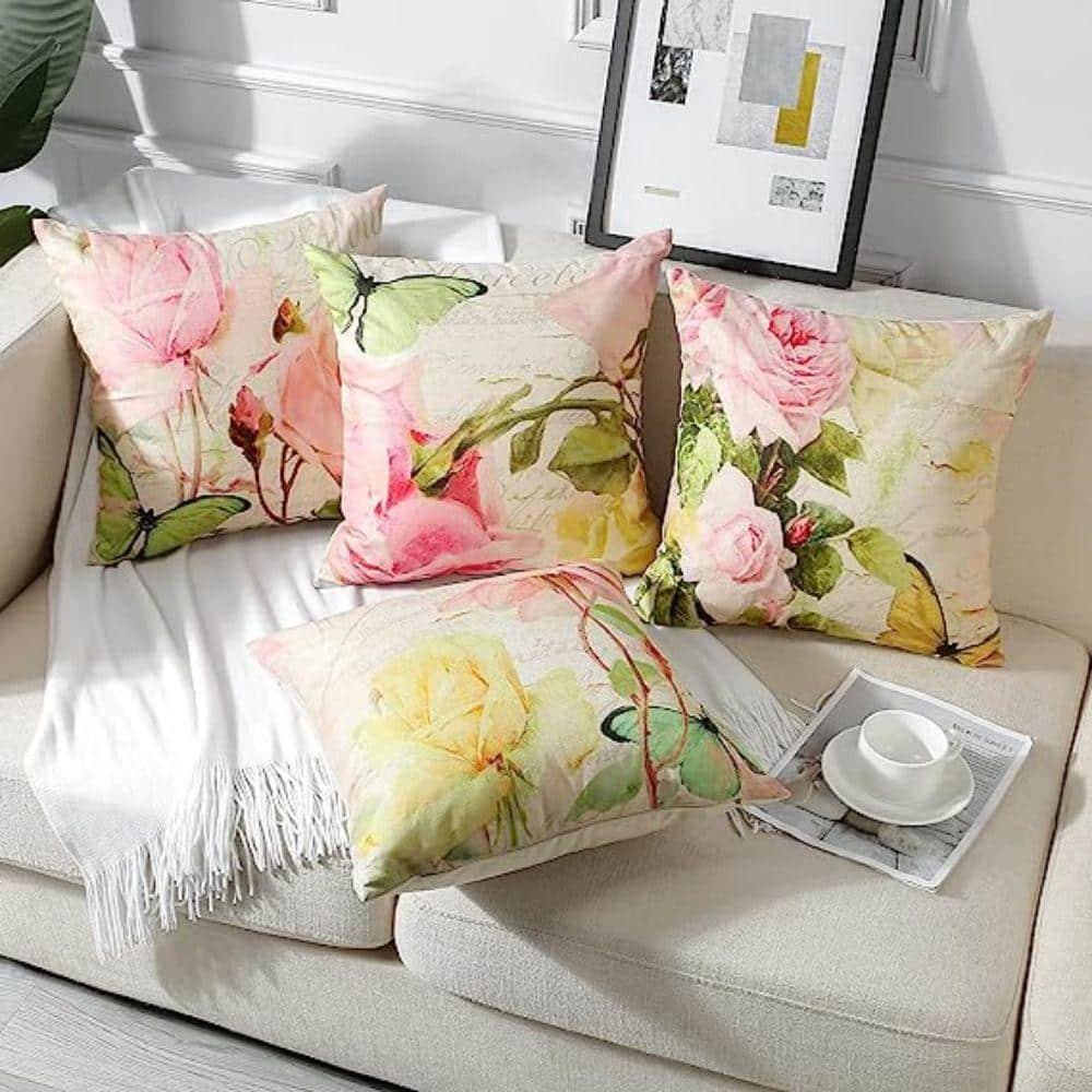 Artscope Set of 4 Waterproof Throw Pillow Covers 18x18 Inches, Pink Roses and Butterfly Pattern Decorative Cushion Covers, Perfect to Outdoor Patio Garden Living Room Sofa Farmhouse Decor