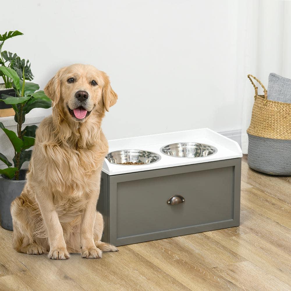 PawHut Dog Feeding Station with Storage Drawer, Dog Food Storage Cabinet w/ Removable Elevated Dog Bowls for Large Sized Dogs, Gray