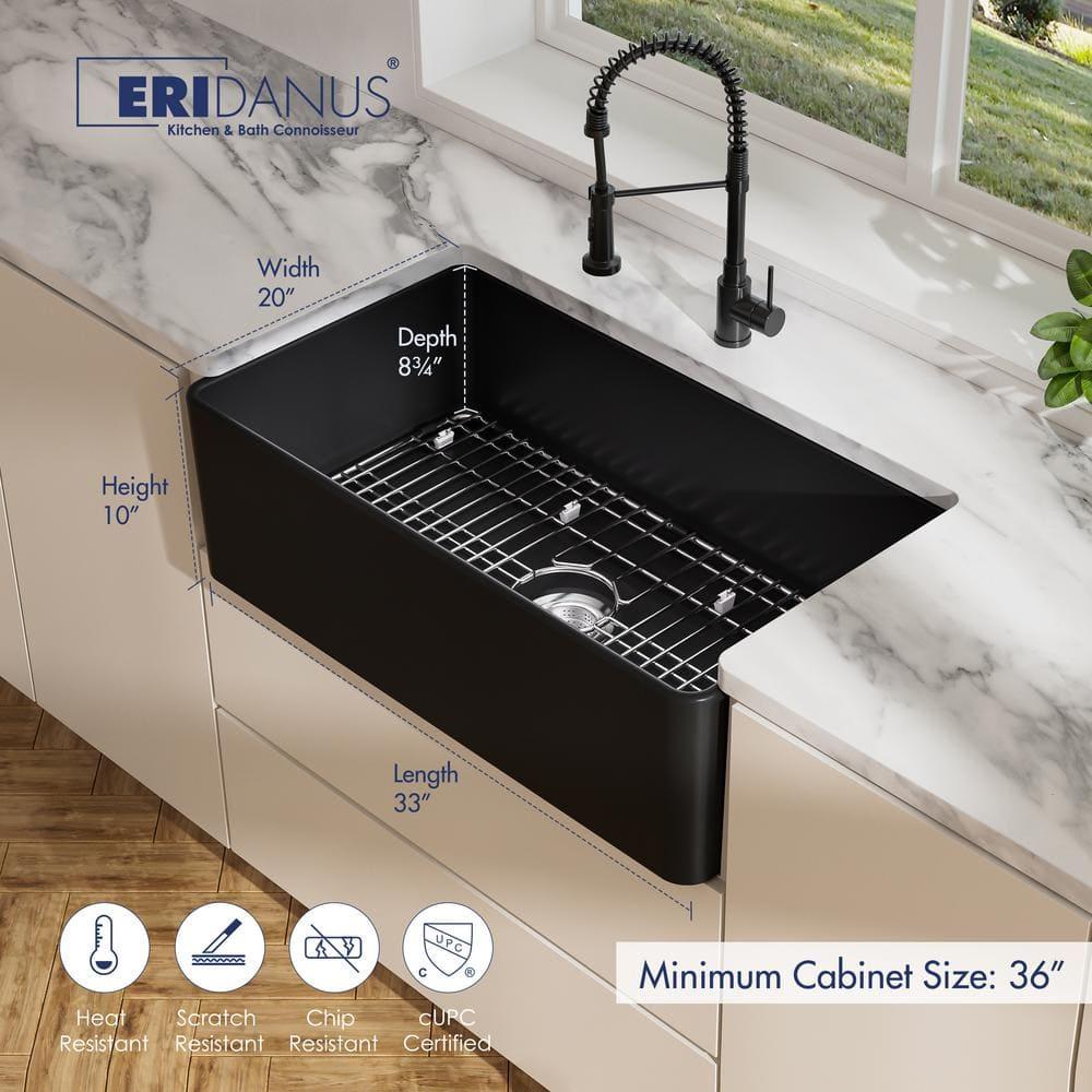 33" L x 20" W Fireclay Farmhouse Kitchen Sink with Sink Grid and Basket Strainer