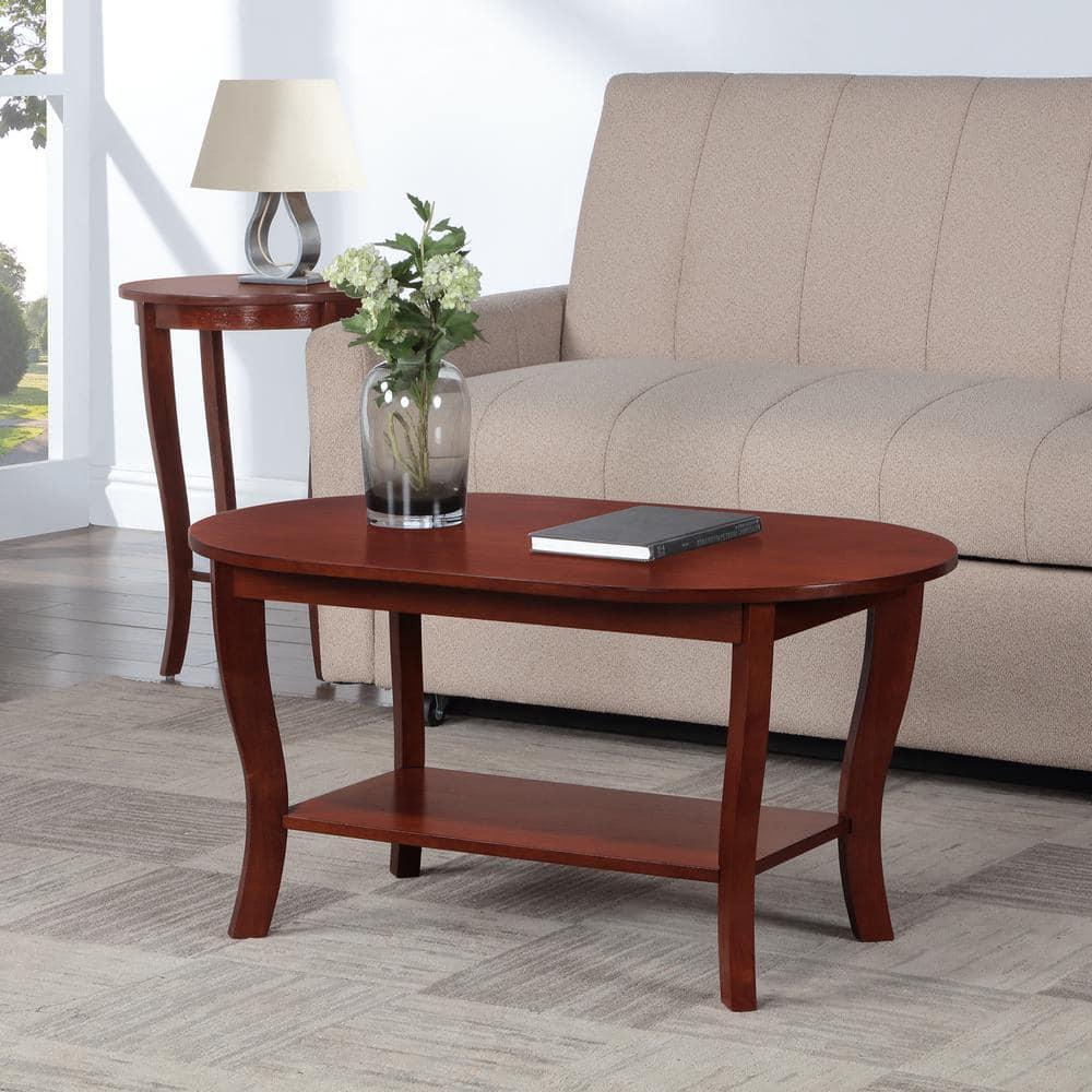 American Heritage Oval Coffee Table with Shelf in Mahogany Wood Finish
