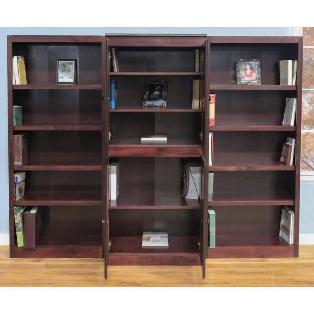 Concepts in Wood 15 Shelf Bookcase Wall with Doors, 72 inch Tall - Cherry Finish