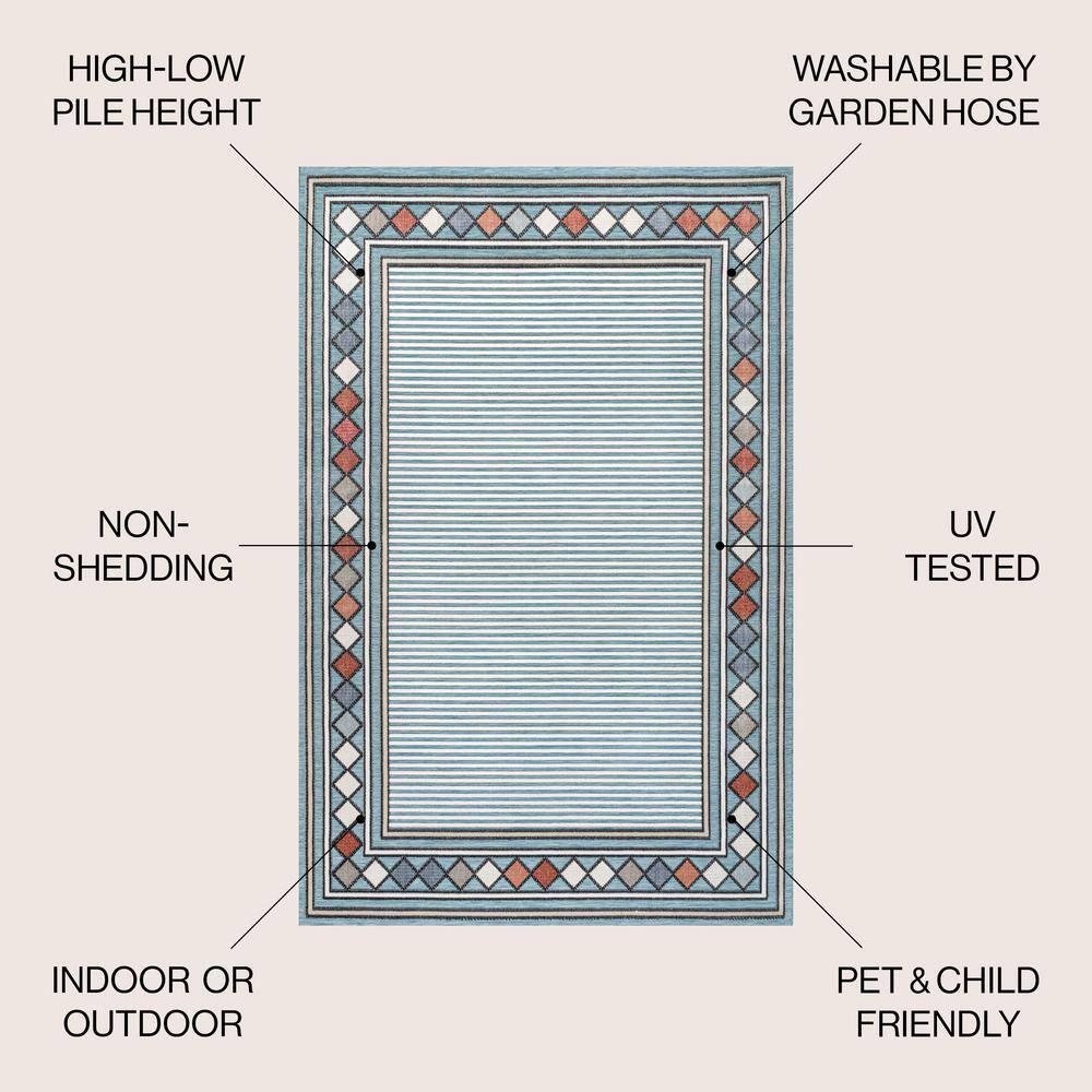 JONATHAN Y Sebastian High-Low Modern Diamond Border Blue/Ivory 5 ft. x 8 ft. Indoor/Outdoor Area Rug