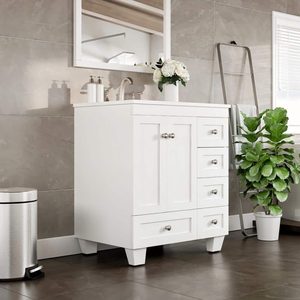 Eviva Happy 28"W x 18"D White Bathroom Vanity with White Carrara Quartz Vanity Top and Rectangular Undermount Sink