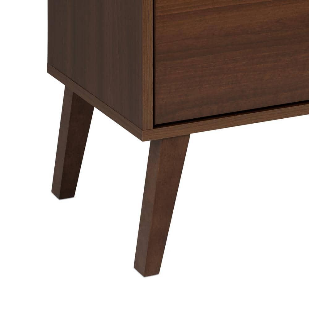 Milo Mid Century Modern 2 Drawer Nightstand Cherry - Prepac: Brushed Brass Knobs, Tapered Legs