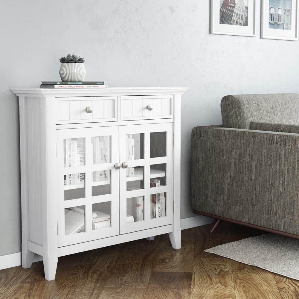 Simpli Home Acadian 36"W Solid Wood 2-Shelf Entryway Storage Cabinet with Glass Doors and 2 Drawers