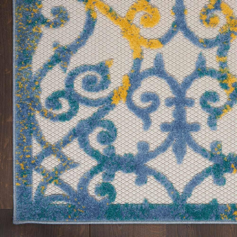 Nourison Aloha Contemporary Scroll Flatweave High-Low Indoor Outdoor Runner Rug Ivory Blue 2'3" x 10'