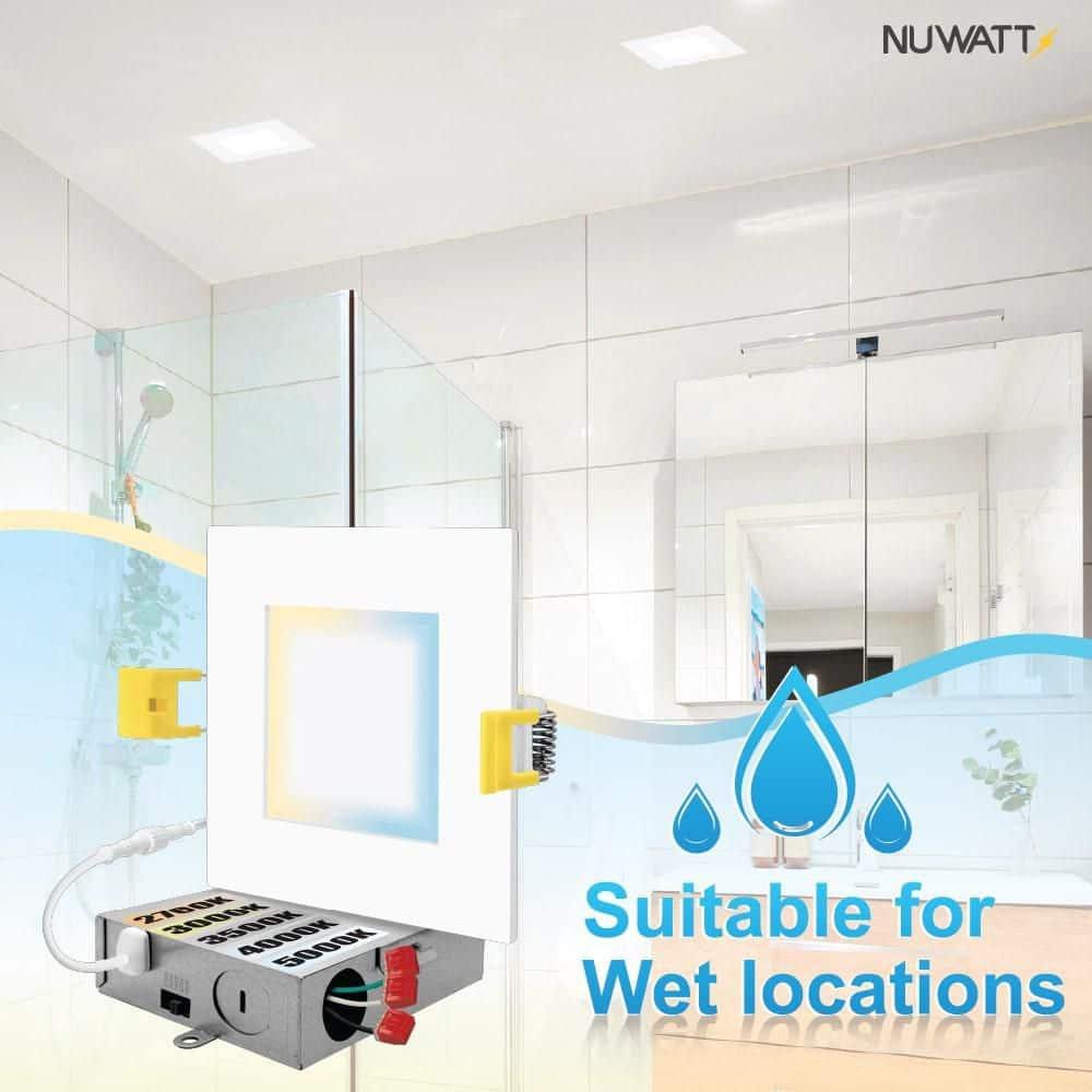 NUWATT 6 Pack 6 Inch Square Ultra-Thin LED Recessed Lighting, Selectable 2700K/3000K/3500K/4000K/5000K, High Brightness 1050 Lumens Dimmable, White Canless Slim Wafer Light, IC Rated, Metal J-Box