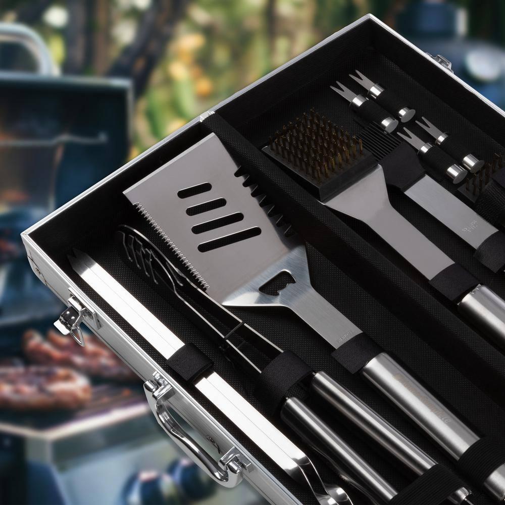 BBQ Grill Accessories Kit - 19-Piece Stainless-Steel Grilling Tools Set with Carrying Case - Camping Utensils for Summer Outdoor Cooking by Chef Buddy