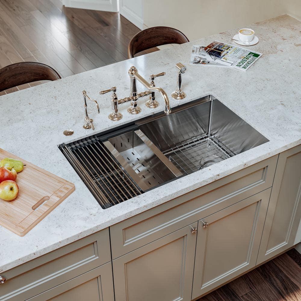 Rohl Italian Kitchen Acqui Three Leg Bridge Faucet With Metal Levers Sidespray And 9" Reach Column Spout In Polished Nickel