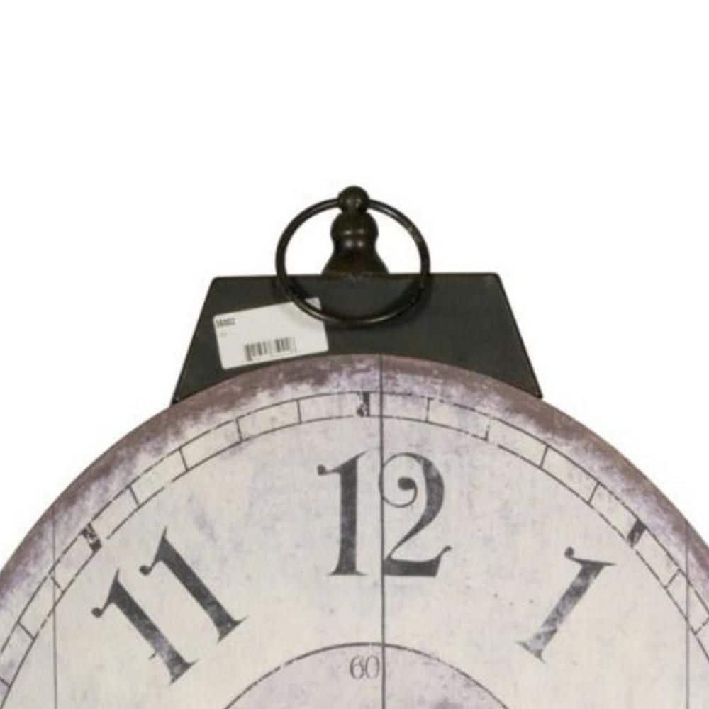 Distressed White and Brown Oval Wooden Wall Clock with Metal Loop