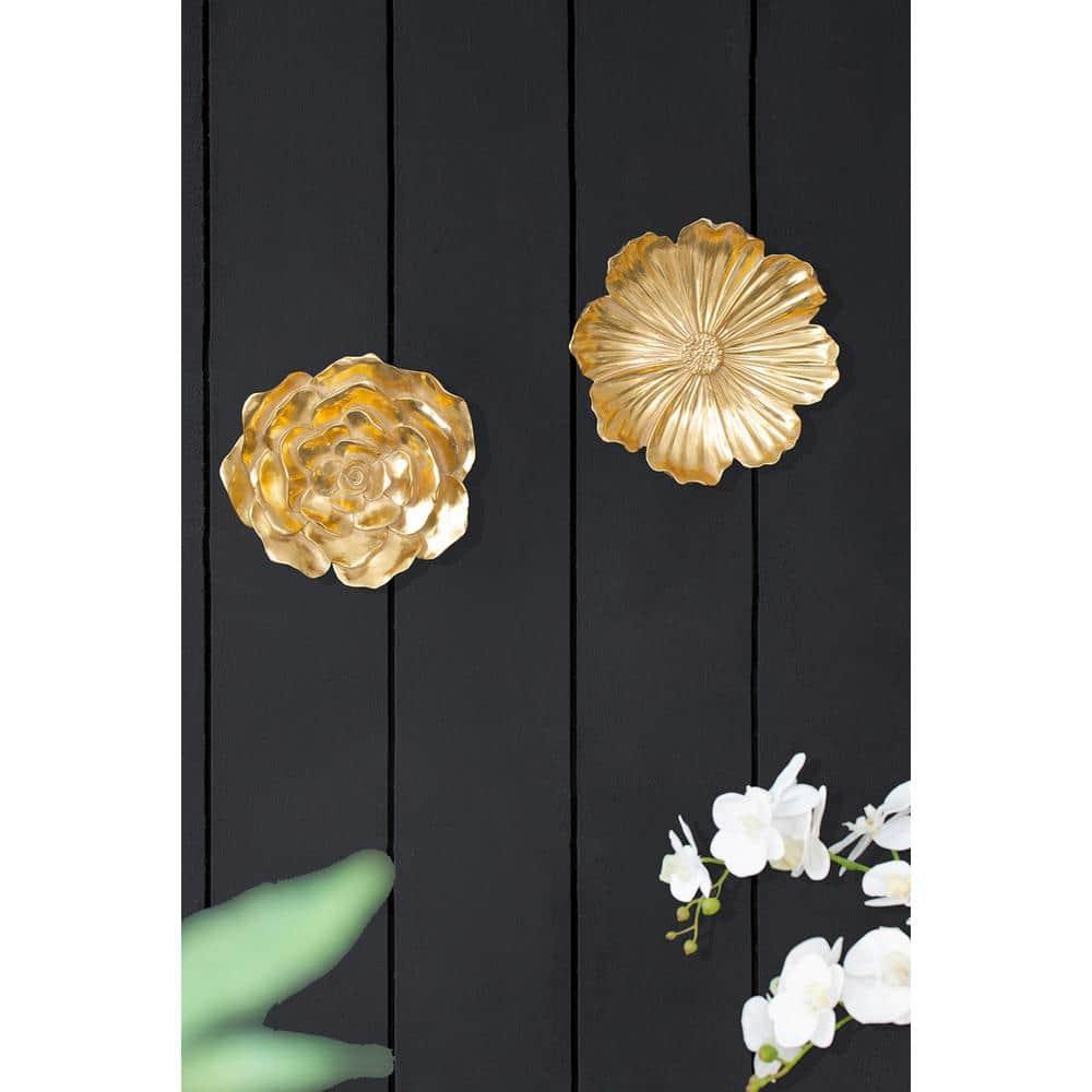 Set of 2 Floral Wall Accents Gold - A&B Home: Resin Botanical Art, Modern Decor with Hanging Loops