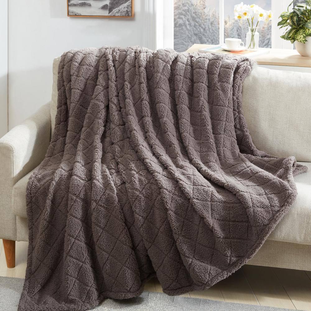 Cathay Home Coleman Oversize Diamond Quilted Teddy Sherpa Fleece Throw Blanket/Bedspread - Home, Sofa, Couch, Outdoor, Travel, Stadium, Sports, Camping, Hiking - Charcoal Brown, Full/Queen (90"x90")