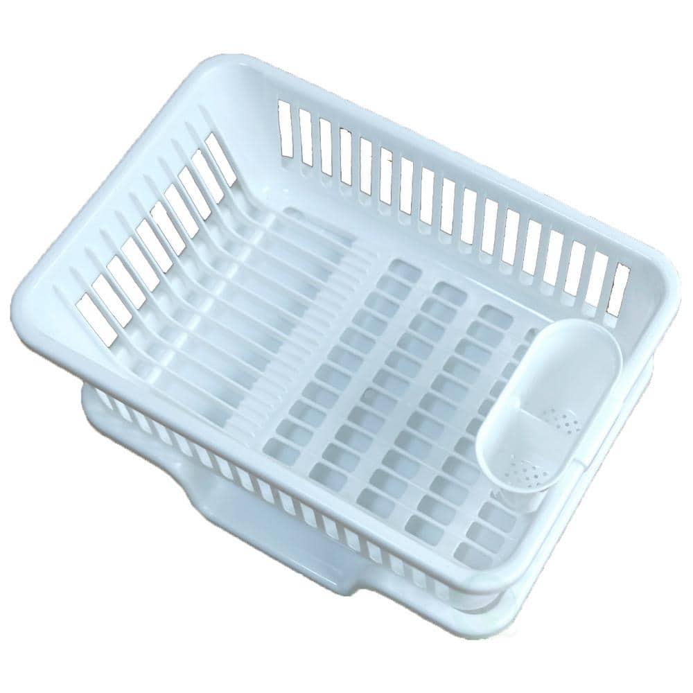 Basicwise Heavy Duty 2-Piece Plastic Dish Drying Rack Set in White - Includes Large Dish Drainer, Attached Drainboard, and Utensil Cup Holders for Home Kitchen Countertop Organization