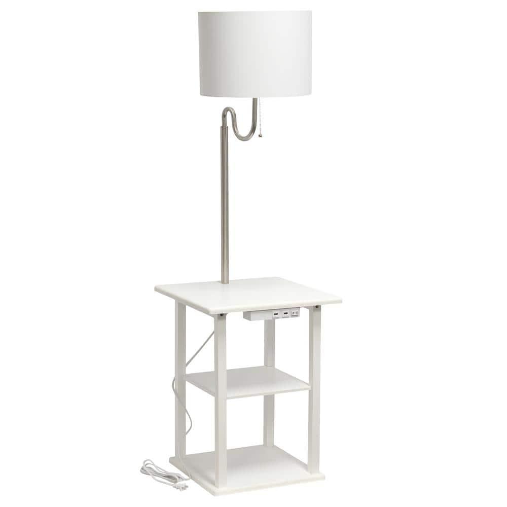 57 in. Modern 2 Tier End Table & White Drum Fabric Shade Floor Lamp with 2 x USB Charging Ports & Power Outlet, White