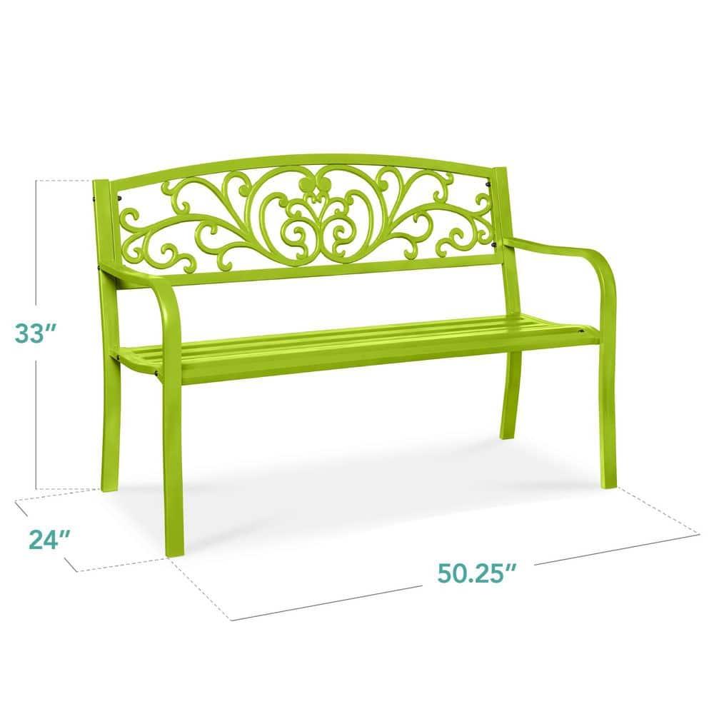 World Menagerie Outdoor Steel Bench with Floral Backrest & Slatted Seat, Marigold for Garden, Patio, Porch, Lawn, and Deck