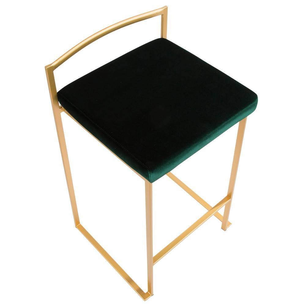 LumiSource Set of 2 27" Fuji Contemporary Counter Height Barstool Green: Velvet Upholstery, Metal Legs, Low Back